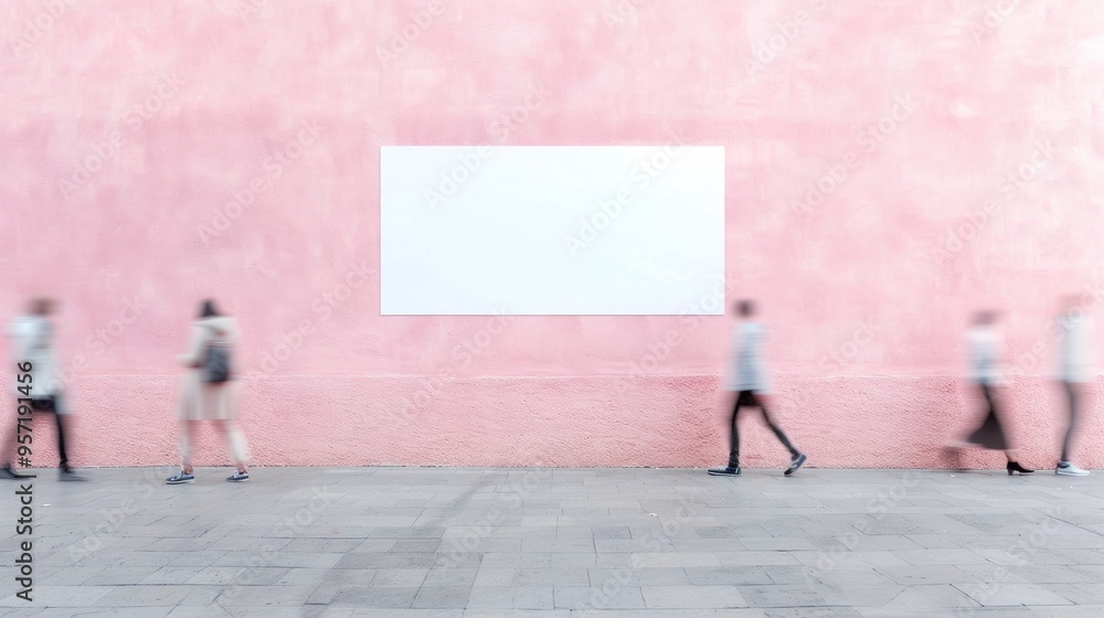 Fototapeta premium Minimalist Indoor Wall Mockup with Motion Blur Passersby - Low-Angle Shot of Soft Pink Plaster Wall with Blank Poster and Tranquil Ambiance
