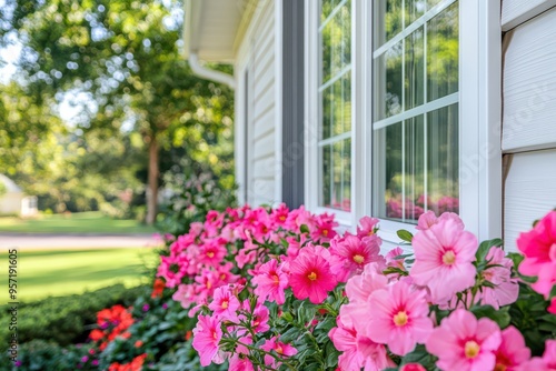 Cheerful House Window with Blooming Pink Flowers