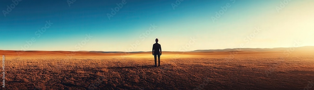 A figure standing in a vast, dry landscape, staring at a distant oasis that fades away, symbolizing the emotional thirst for hope that seems just out of reach A figure standing in a vast, dry landscape, staring at a distant oasis that fades away, symbolizing the emotional thirst for hope that seems just out of reach
