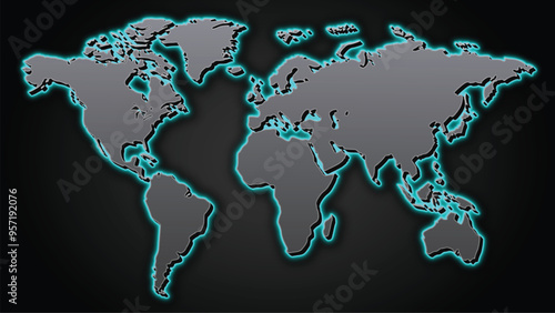 3D Blue metal world map vector with glowing neon light