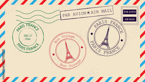 Eiffel tower Paris France postal stamps on envelope