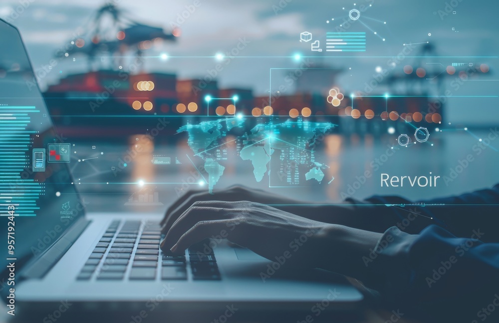 A person typing on a laptop with a digital map and global icons floating above, with the background of a cargo ship in the sea with containers. The text A person typing on a laptop with a digital map and global icons floating above, with the background of a cargo ship in the sea with containers. The text