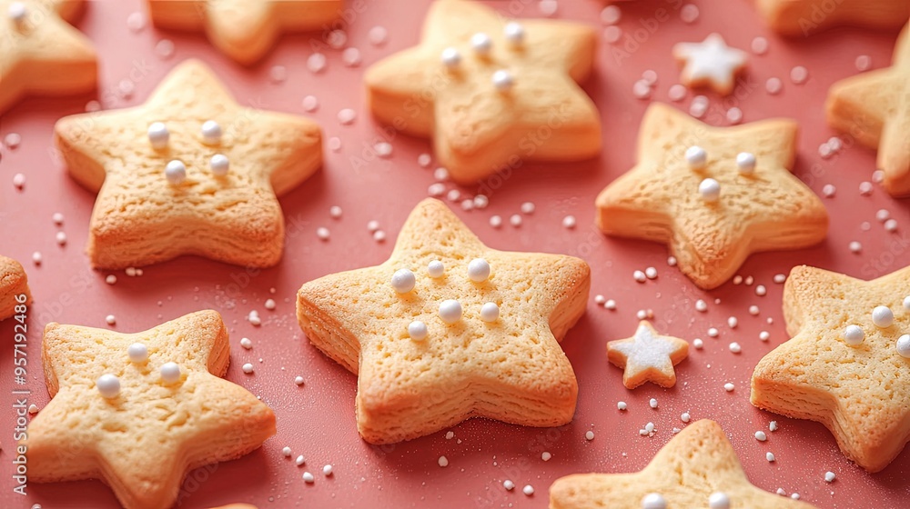 These star-shaped cookies are simply decorated with small white pearl candies on a warm red background, making them a perfect festive holiday treat for all ages. These star-shaped cookies are simply decorated with small white pearl candies on a warm red background, making them a perfect festive holiday treat for all ages.
