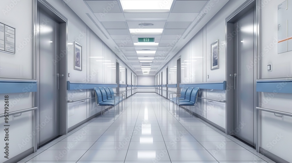 A modern hospital corridor with doors on both the right and left sides, blue chairs at each door, white walls with light grey accent lines, rectangular lights in the ceiling, tiled floor, rendered in A modern hospital corridor with doors on both the right and left sides, blue chairs at each door, white walls with light grey accent lines, rectangular lights in the ceiling, tiled floor, rendered in