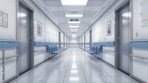 A modern hospital corridor with doors on both the right and left sides, blue chairs at each door, white walls with light grey accent lines, rectangular lights in the ceiling, tiled floor, rendered in 