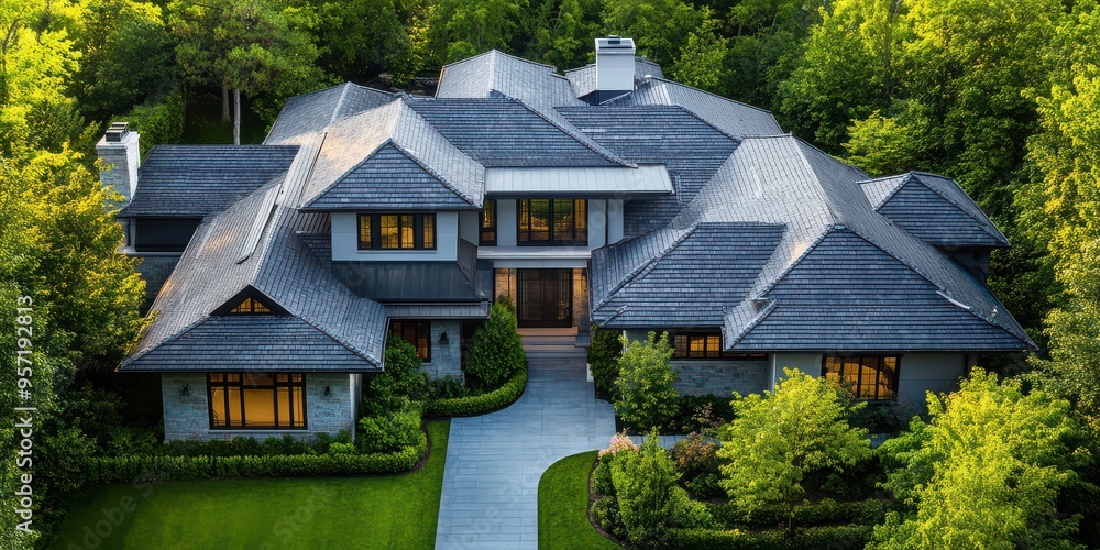Aerial View of a House with Complex Roof Structure Aerial View of a House with Complex Roof Structure