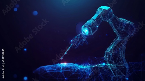 Abstract 3d medical robotic performing surgical operation on patient. Low poly robotic arm and human in dark blue. Innovative medicine, modern medical technology concept. Digital vector illustration