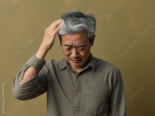 Olive background sad Asian man. Portrait of older mid-aged person beautiful bad mood expression boy Isolated on Background depression anxiety fear burn out photo