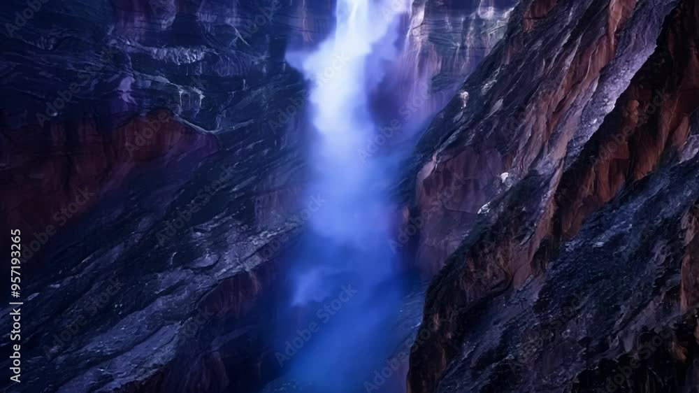 Blue water is cascading down a mountain gorge at night, creating a magical and fantasy like atmosphere. The dark rocks contrast with the blue water, making it a captivating sight Blue water is cascading down a mountain gorge at night, creating a magical and fantasy like atmosphere. The dark rocks contrast with the blue water, making it a captivating sight