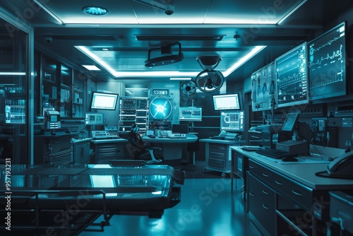 A photo of an operating room in the hospital, with medical equipment and a modern design. The color scheme is mainly blue and white, creating a clean and professional atmosphere. There is no one prese photo