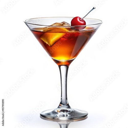 A Martini Cocktail in a Glass with a Cherry and an Orange Twist, White Background, martini, cocktail, cherry