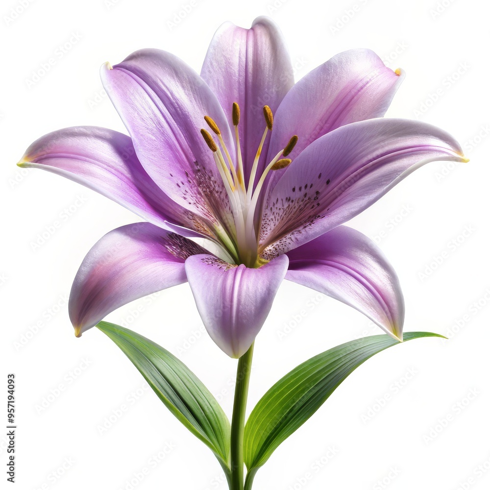 A Single Lavender Lily Flower with Green Leaves on a White Background, single flower, white background, bloom, lily A Single Lavender Lily Flower with Green Leaves on a White Background, single flower, white background, bloom, lily