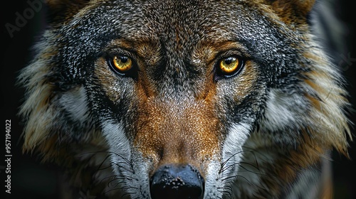 Close-up of a Wolf's Face with Intense Golden Eyes