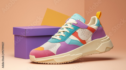 Close-up photo of multi-colored retro style sports sneakers on a neutral background. Vintage retro style from the 80s-90s.