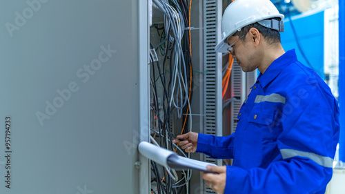 Electrical engineer woman checking voltage at the Power Distribution Cabinet in the control room,preventive maintenance Yearly,Thailand Electrician working at company