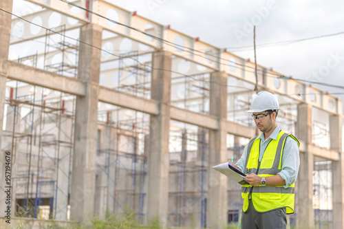 Two Asian engineer working at site of a large building project,Work overtime at construction site,Team of engineer discus at site,The architect, supervisor, and foreman meet to discuss the design