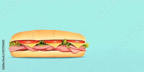 Sub sandwich with visible layers of meat and cheese, lying flat on a plain surface photo