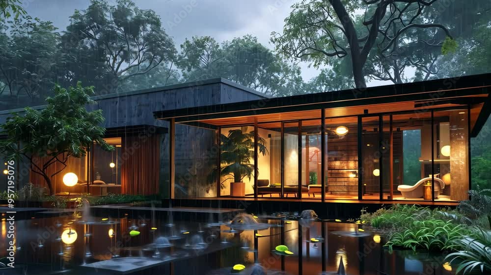 Modern glass house in a serene forest setting, illuminated warmly at night, with a reflective pond adding to the tranquil ambiance. Modern glass house in a serene forest setting, illuminated warmly at night, with a reflective pond adding to the tranquil ambiance.
