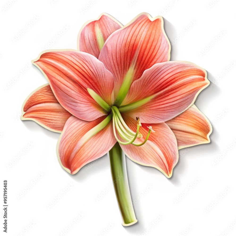 Fototapeta premium Amaryllis Flower with Detailed Petals and Stem, Watercolor Illustration, White Background, Amaryllis, Flower, Watercolor