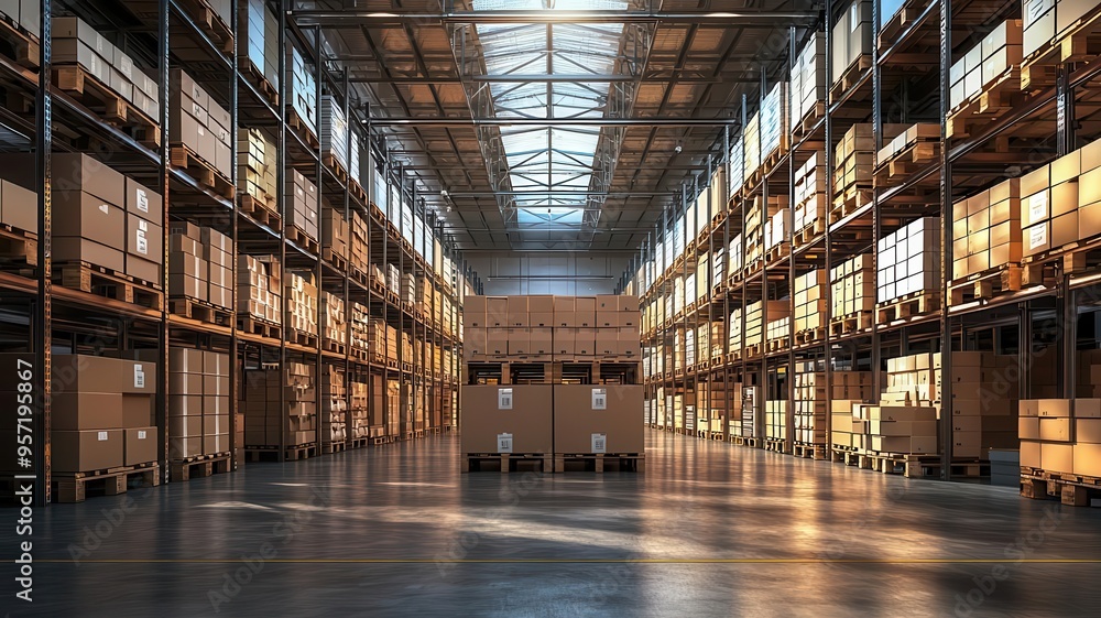 Spacious warehouse interior with stacked boxes and abundant natural light illuminating the organized space. Spacious warehouse interior with stacked boxes and abundant natural light illuminating the organized space.