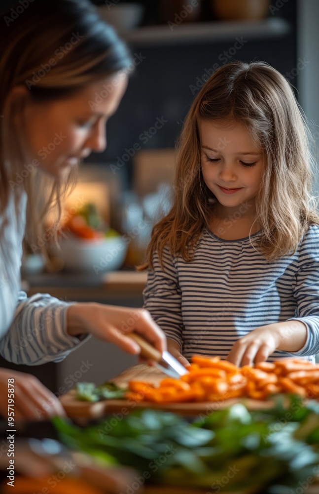 Young girl in striped shirt and mom cooking together at kitchen counter, smiling joyfully Young girl in striped shirt and mom cooking together at kitchen counter, smiling joyfully