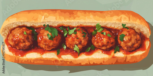 Close-up of meatball sub sandwich showing meatballs in a roll photo