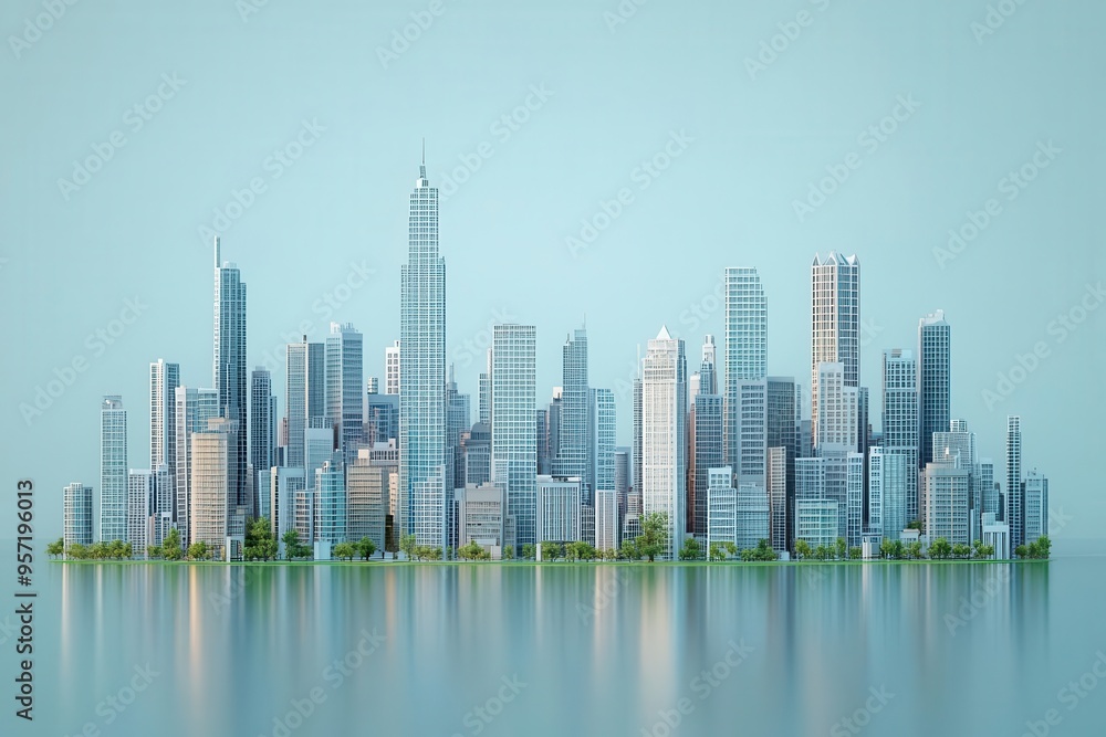 Fototapeta premium A stunning modern skyline featuring various skyscrapers reflected on calm water, showcasing urban design and architecture.