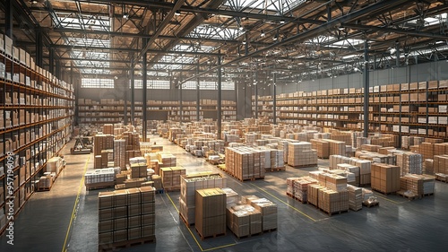 A spacious warehouse filled with stacked boxes and pallets, showcasing organized storage and efficient logistics.