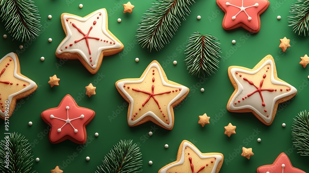 Star-shaped Christmas cookies with red and white icing arranged alongside pine branches, creating a festive and wintery atmosphere on a green backdrop. Star-shaped Christmas cookies with red and white icing arranged alongside pine branches, creating a festive and wintery atmosphere on a green backdrop.
