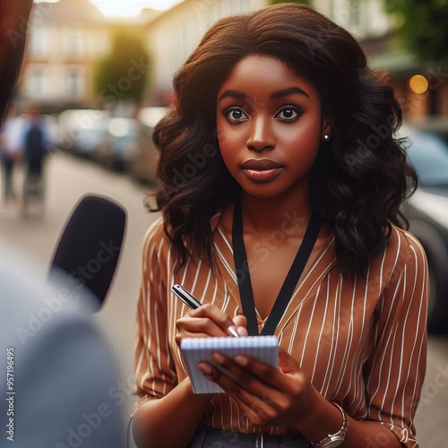 83 Journalist A woman holding a notepad and pen her eyes focused