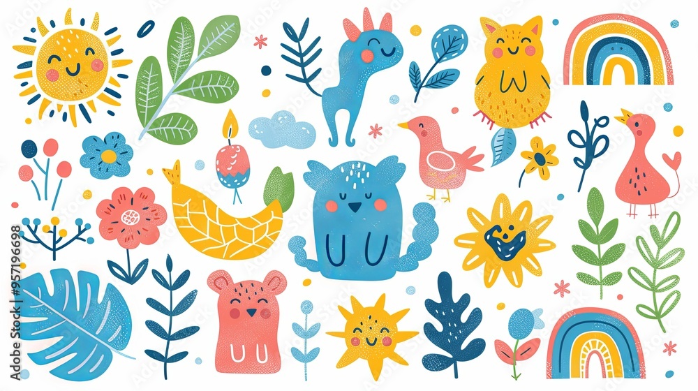 Colorful Illustration of Smiling Animals and Flowers Colorful Illustration of Smiling Animals and Flowers