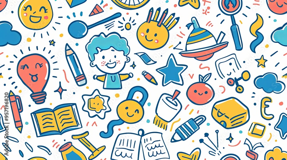 Colorful Doodle Pattern with Various Happy Objects Colorful Doodle Pattern with Various Happy Objects
