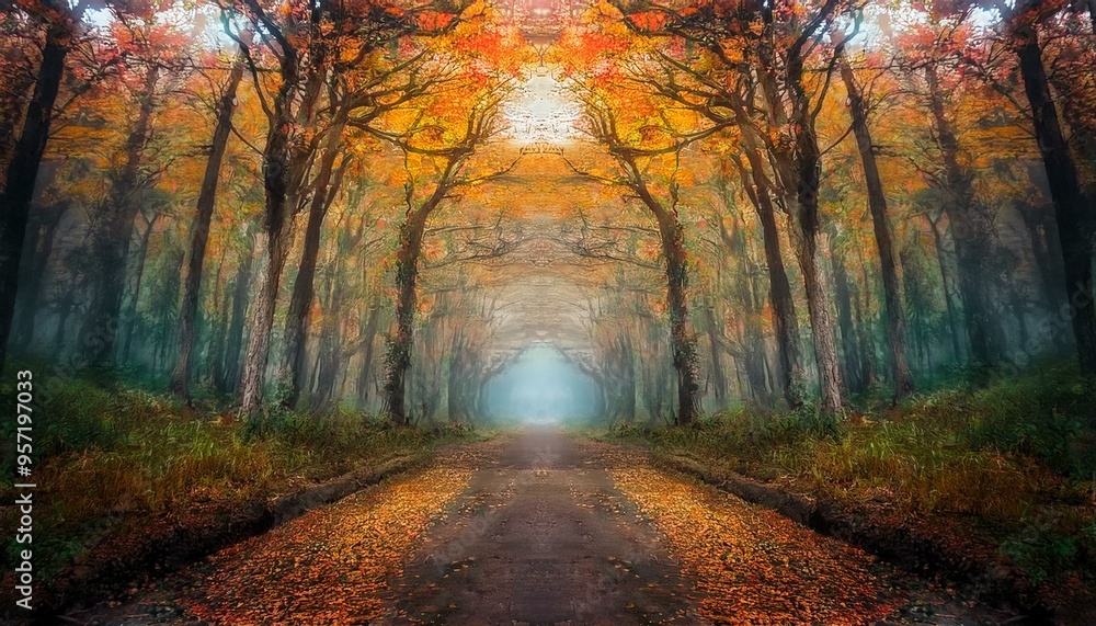 Obraz premium Sendero rústico en medio de un bosque profundo de otoño