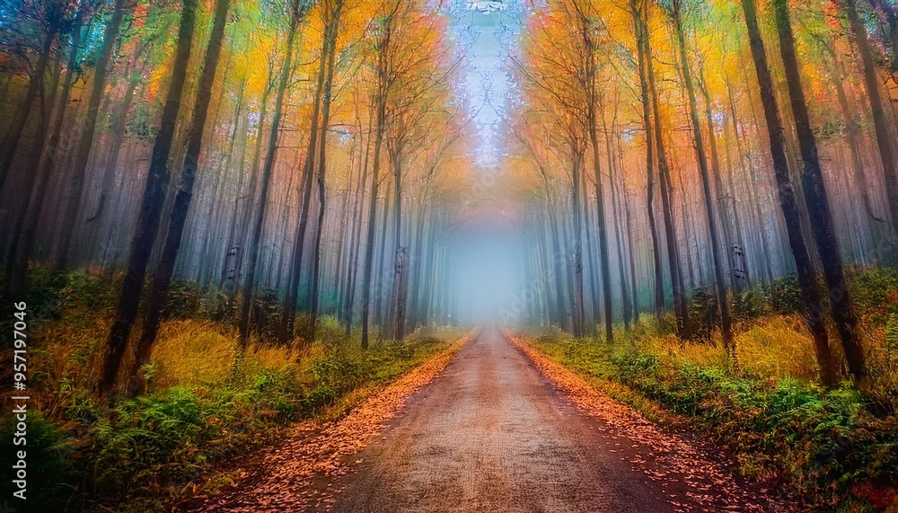 Obraz premium Sendero rústico en medio de un bosque profundo de otoño