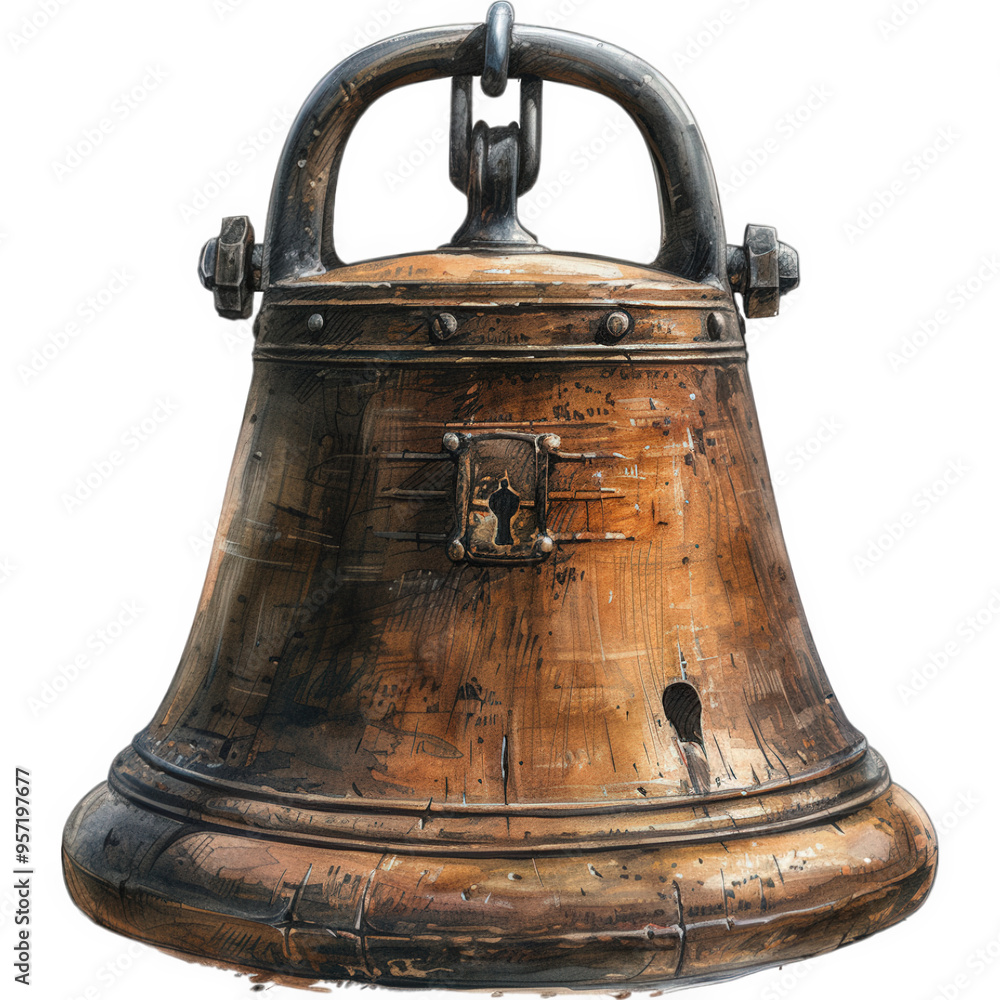 A detailed illustration of a ship bell, featuring a worn brass finish and iron clamps A detailed illustration of a ship bell, featuring a worn brass finish and iron clamps