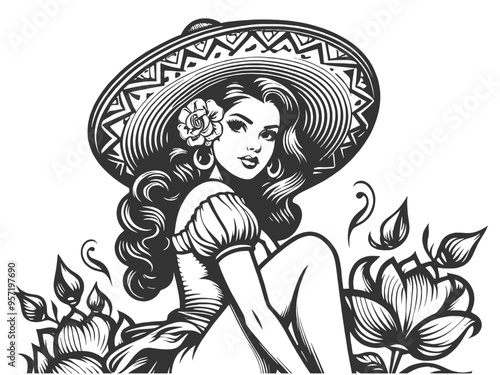 elegant Latina woman, traditional dress and sombrero, with flowers in her hair sketch engraving generative ai fictional character vector illustration. Scratch board imitation. Black and white image.