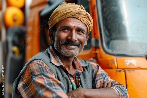 Cheerful Indian truck driver posed in front of his truck