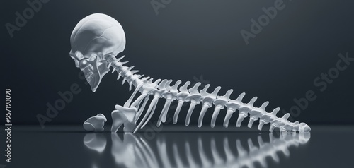 Human skeleton highlighting spinal column and joints, reflective floor, medical concept, 3D illustration photo