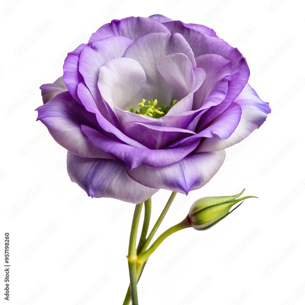 Close-up of a Single Purple Lisianthus Flower with Bud, Isolated on White Background, Lisianthus Flower, Purple Flower, Flower Photography Close-up of a Single Purple Lisianthus Flower with Bud, Isolated on White Background, Lisianthus Flower, Purple Flower, Flower Photography