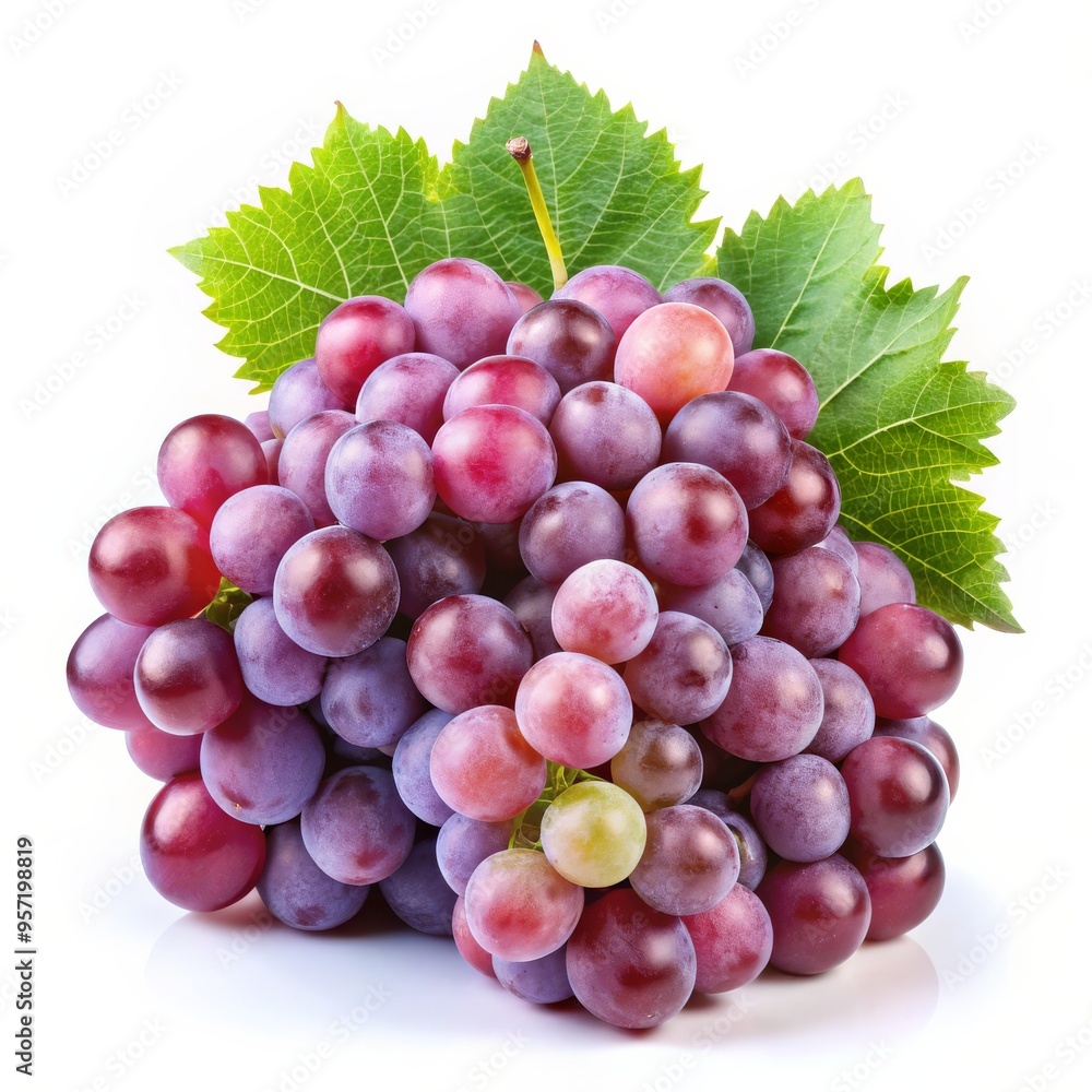 Fototapeta premium Close-up of Red Grapes with Green Leaf, White Background, Composition - Single Bunch, Image Details - High Resolution, Concept - Freshness and Health, Grape, Fruit