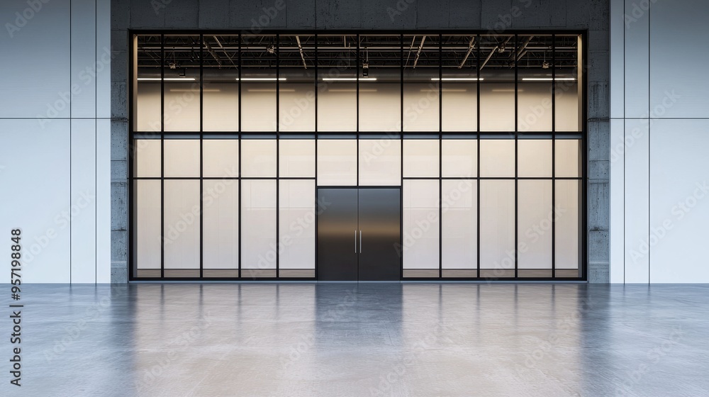Modern industrial warehouse with large glass doors, sleek architecture, 3D illustration Modern industrial warehouse with large glass doors, sleek architecture, 3D illustration