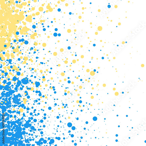 Bright blue and yellow spots on a clean white background create a vibrant visual design