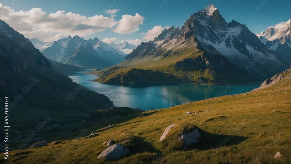 Fototapeta premium Wallpaper amazing view of pure mountains, exciting sunrise