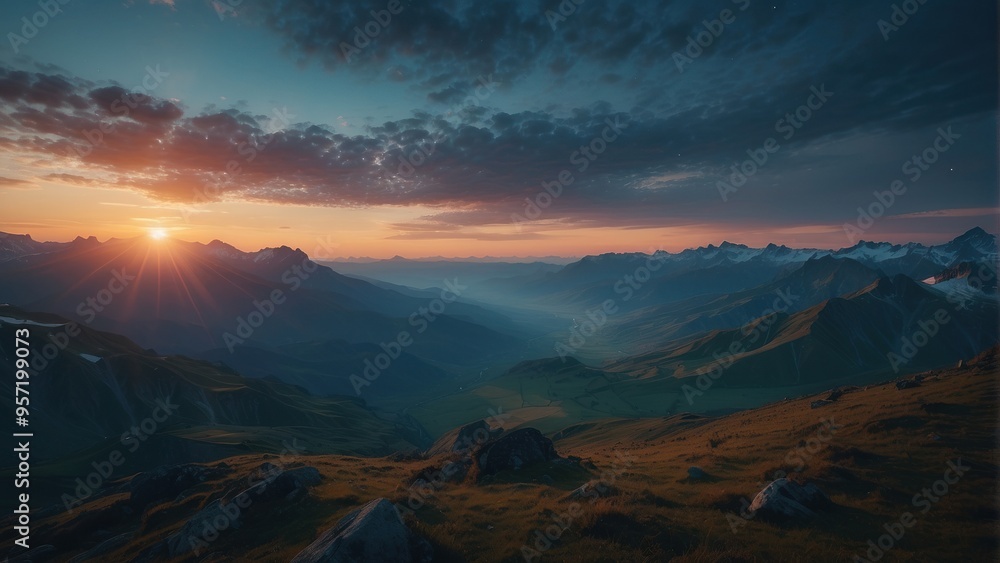 Wallpaper amazing view of pure mountains, exciting sunrise Wallpaper amazing view of pure mountains, exciting sunrise