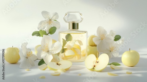 Elegant perfume bottle surrounded by delicate white flowers and sliced apples, creating a fresh and inviting aesthetic. photo