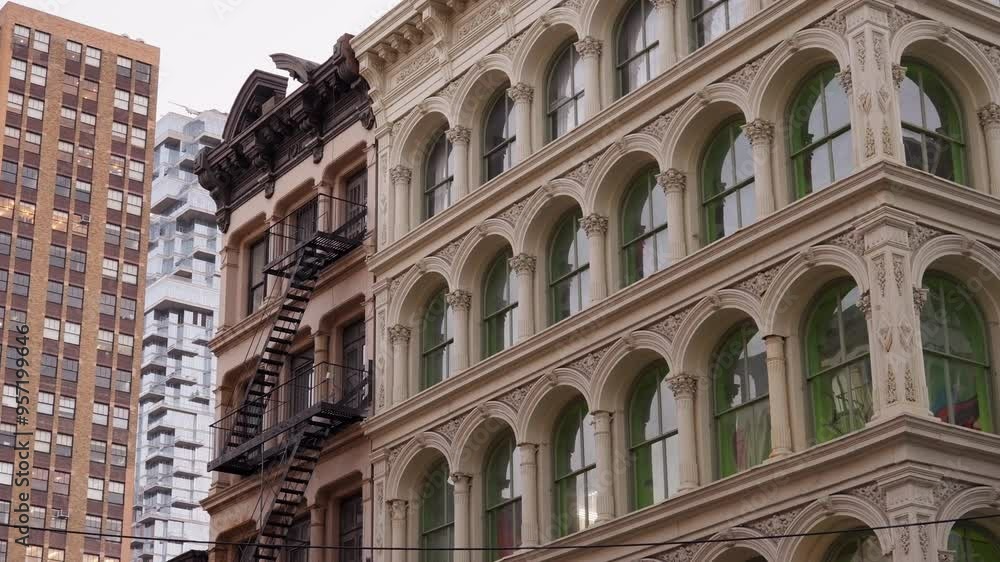 A close-up of contrasting architectural styles in Soho, NYC, showcasing historic iron fire escapes alongside modern glass and brick structures. A close-up of contrasting architectural styles in Soho, NYC, showcasing historic iron fire escapes alongside modern glass and brick structures.