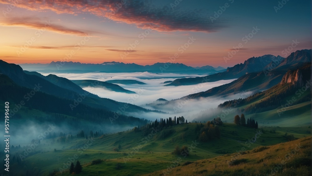 Wallpaper panoramic landscape mountains with thick fog Wallpaper panoramic landscape mountains with thick fog