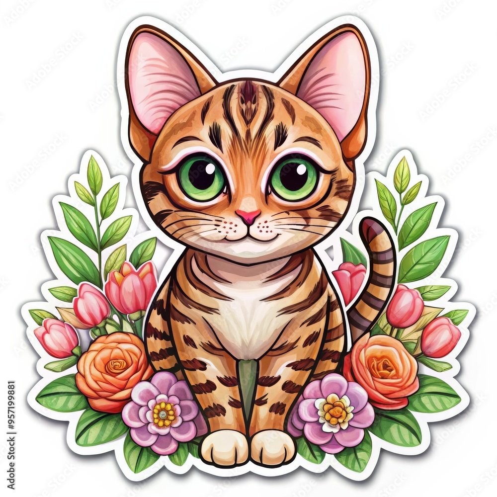 Cute Tabby Cat Sticker with Flowers, digital illustration, cartoon cat with green eyes, surrounded by pink, orange and purple flowers, cat sticker, cute kitty Cute Tabby Cat Sticker with Flowers, digital illustration, cartoon cat with green eyes, surrounded by pink, orange and purple flowers, cat sticker, cute kitty