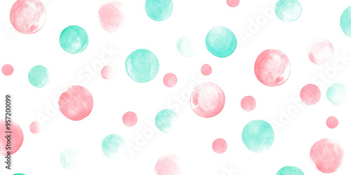 Delicate mint and pink spots scattered on a white surface for a bright and cheerful design