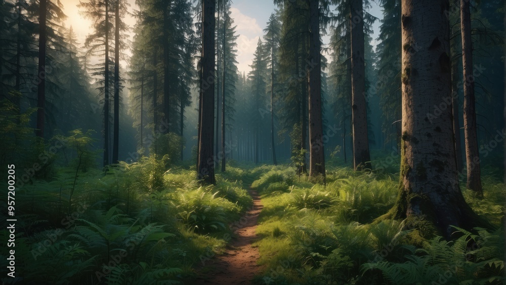 Fototapeta premium Wallpaper natural summer forest and sun rays penetrating through trees
